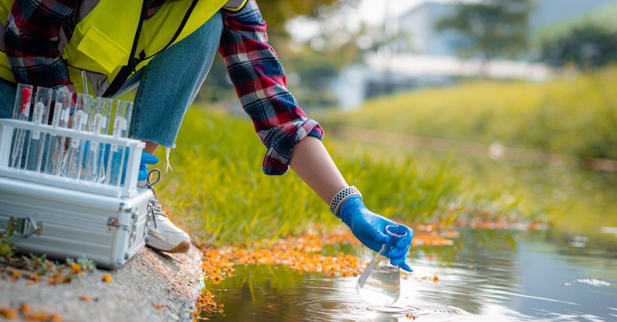 A researcher wearing a safety vest and blue latex gloves, grabbing a water sample from a small lake with a glass container.