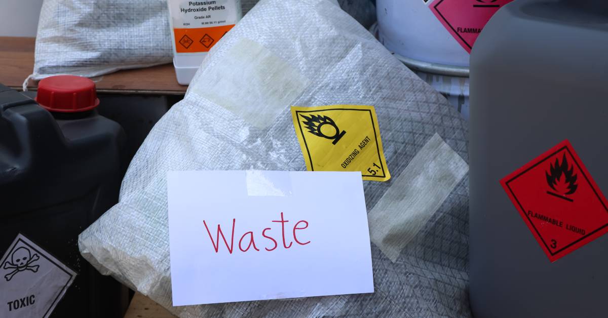 Several white bags and large plastic containers with warning labels and a piece of paper displaying the word 'waste.'